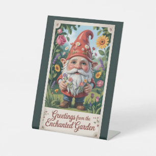 "Greetings from the Enchanted Garden" Gnome Pedestal Sign