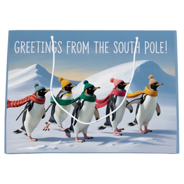 "Greetings from the South Pole" Penguin Design Large Gift Bag (Front)