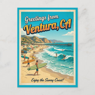 Greetings From Ventura California Retro Surf Beach Postcard
