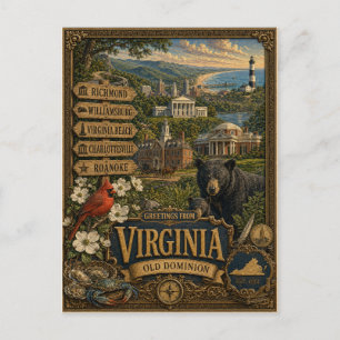 Greetings From Virginia   Vintage Retro Art Postcard