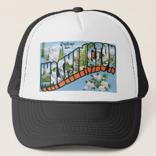 Greetings from Washington state! Vintage Post Card Trucker Hat