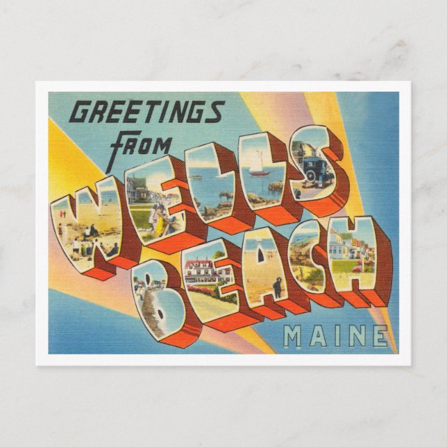 Greetings from Wells Beach, Maine Vintage Travel Postcard (Front)