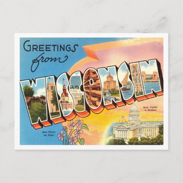 Greetings from Wisconsin Vintage Travel Postcard (Front)