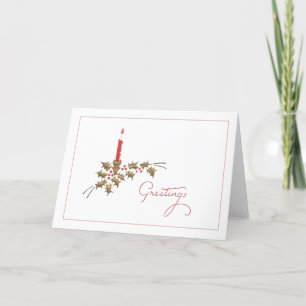 Greetings Red Candle Holly Christmas Minimalist Holiday Card
