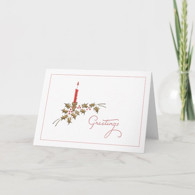 Greetings Red Candle Holly Christmas Minimalist Holiday Card (Front)