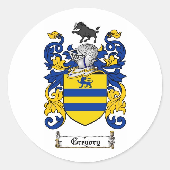 GREGORY FAMILY CREST -  GREGORY COAT OF ARMS CLASSIC ROUND STICKER (Front)