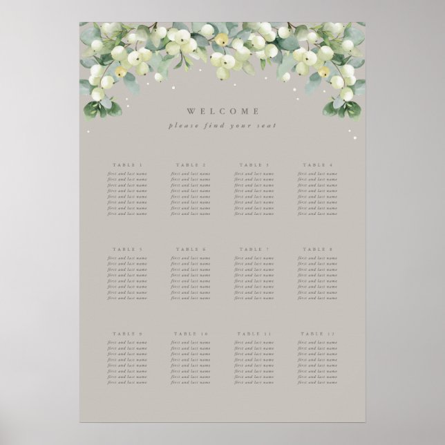 Greige 20x28" 12 Tables of 8 Wedding Seating Chart (Front)