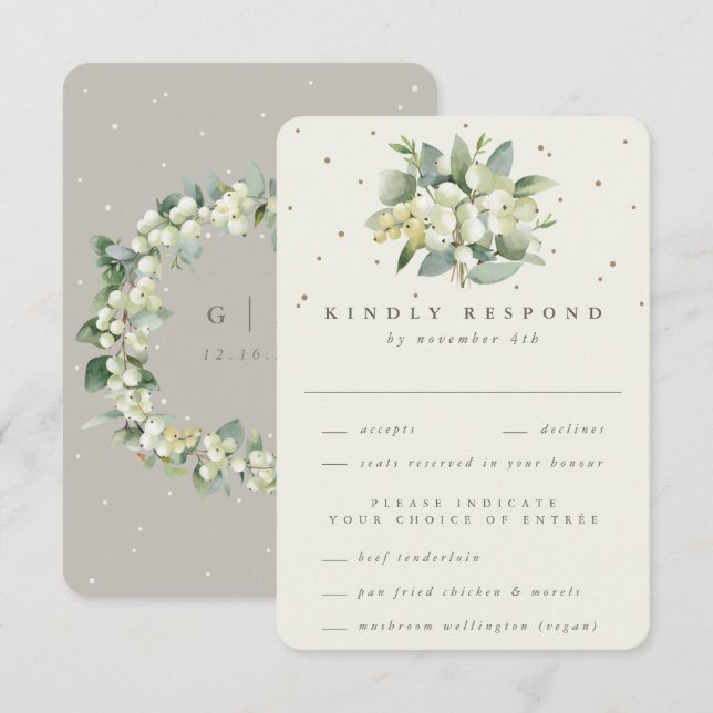 Greige/Cream Snowberry+Eucalyptus Bouquet Wedding RSVP Card (Front/Back)