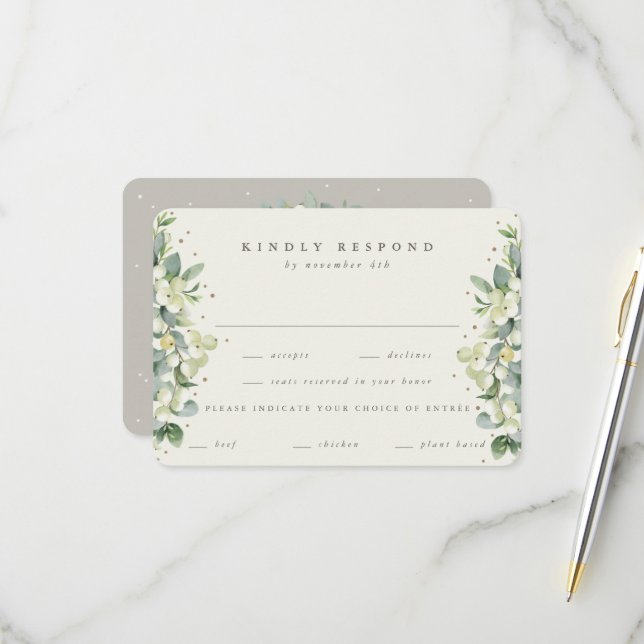 Greige/Cream Snowberry+Eucalyptus Edged Wedding RSVP Card (Front/Back In Situ)