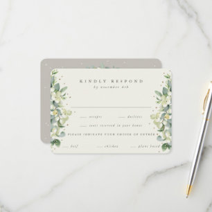 Greige/Cream Snowberry+Eucalyptus Edged Wedding RSVP Card