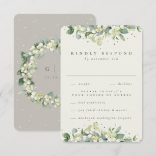 Greige/Cream Snowberry+Eucalyptus Edged Wedding RSVP Card