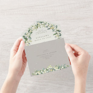 Greige/Cream Snowberry+Eucalyptus Wedding All In One Invitation