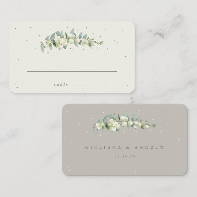 Greige/Cream Snowberry+Eucalyptus Wedding Flat Place Card (Front/Back)