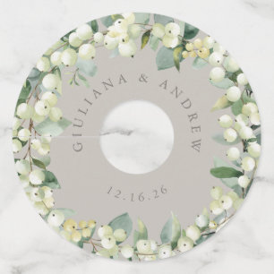 Greige/Cream Snowberry & Eucalyptus Winter Wedding Wine Glass Tag