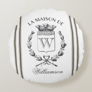 Greige Grain Sack Custom Family Crest Round Pillow