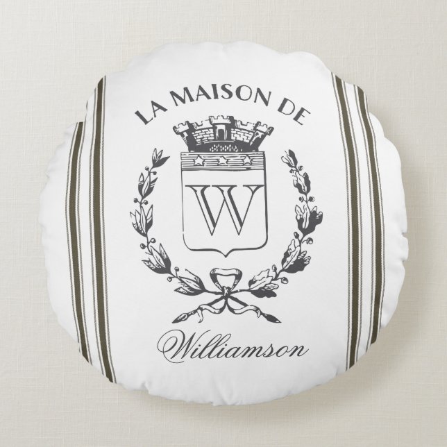 Greige Grain Sack Custom Family Crest Round Pillow (Front)