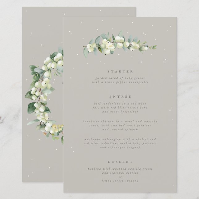 Greige Snowberry+Eucalyptus 3 Course Wedding Menu (Front/Back)