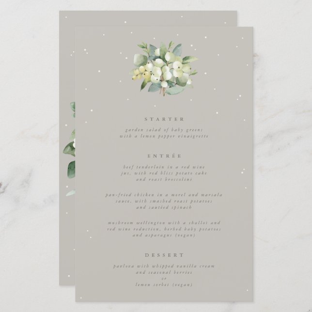 Greige Snowberry+Eucalyptus 3 Parcours Menu Mariag (Devant / Derrière)