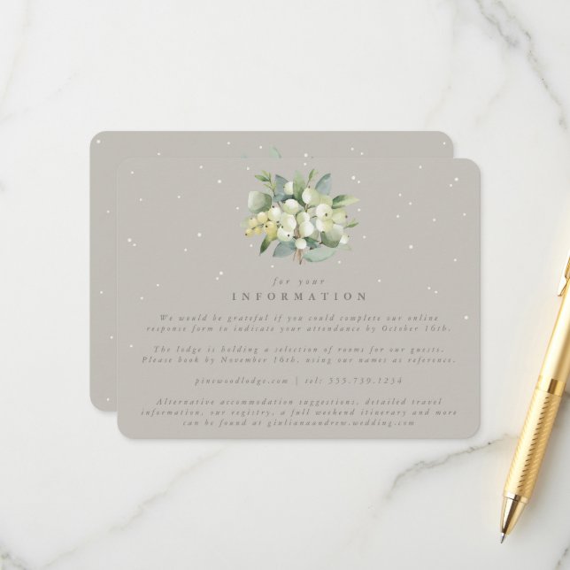 Greige Snowberry+Eucalyptus Bouquet Wedding Info Enclosure Card (Front/Back In Situ)