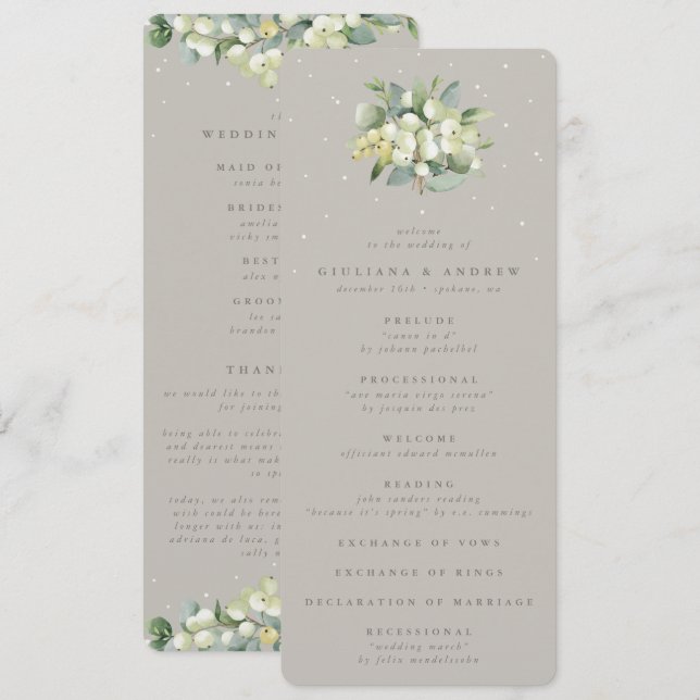 Greige Snowberry+Eucalyptus Bouquet Winter Wedding Program (Front/Back)