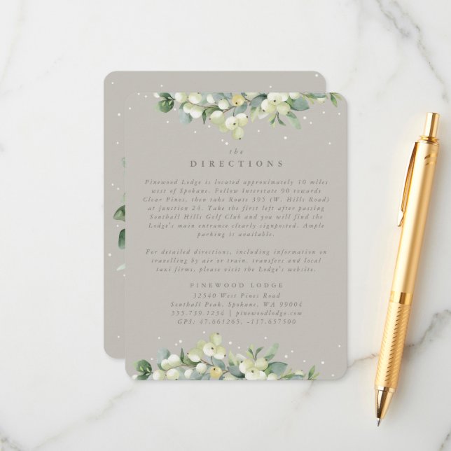 Greige Snowberry+Eucalyptus Edged Directions Enclosure Card (Front/Back In Situ)