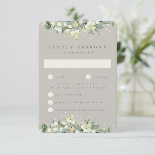 Greige Snowberry+Eucalyptus Edged Wedding RSVP Card (Standing Front)