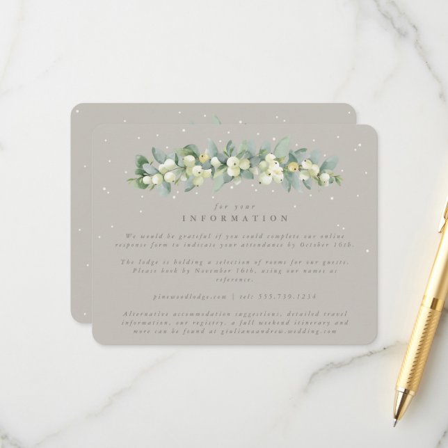 Greige Snowberry+Eucalyptus Garland Wedding Info Enclosure Card (Front/Back In Situ)