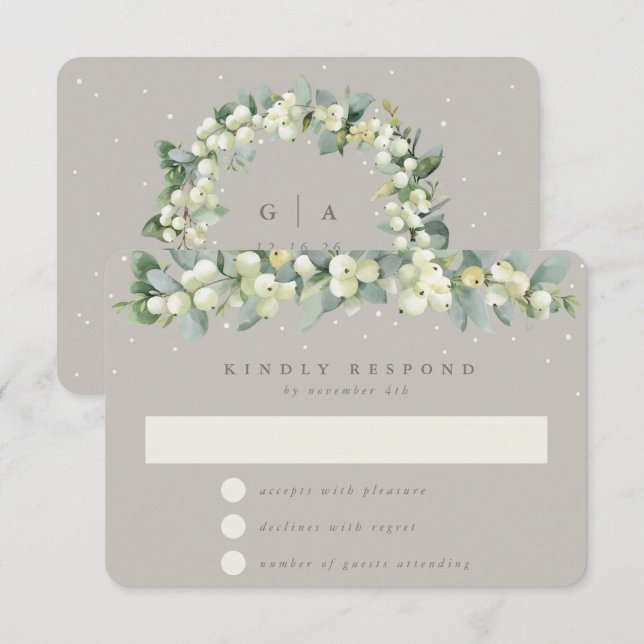 Greige Snowberry+Eucalyptus Garland Winter Wedding RSVP Card (Front/Back)