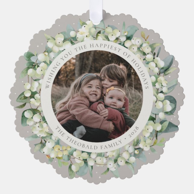 Greige Snowberry+Eucalyptus Holiday Wreath Photo  Ornament Card (Front)