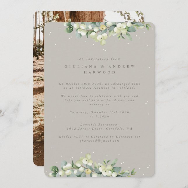 Greige Snowberry+Eucalyptus Reception Photo Invitation (Front/Back)