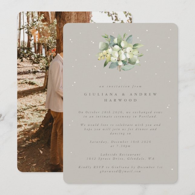 Greige Snowberry+Eucalyptus Reception Photo Invitation (Front/Back)