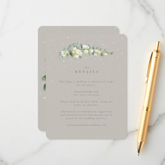 Greige Snowberry+Eucalyptus Stem Wedding Details Enclosure Card (Front/Back In Situ)
