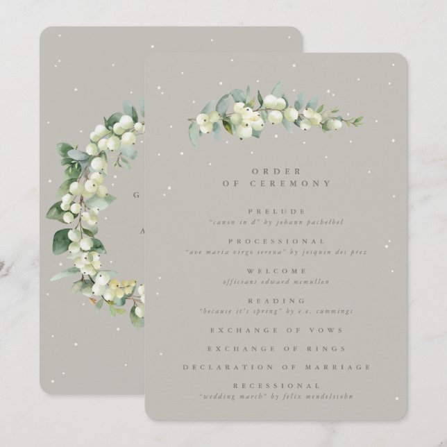 Greige Snowberry+Eucalyptus Stem Winter Wedding Program (Front/Back)