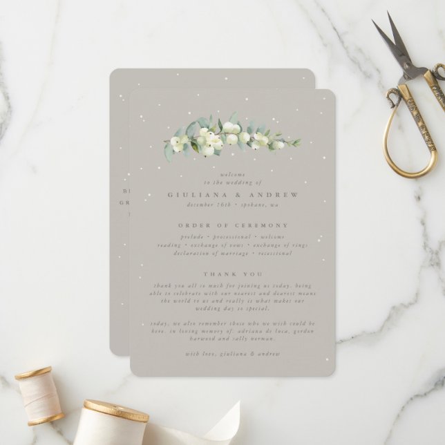 Greige Snowberry+Eucalyptus Stem Winter Wedding Program (Front/Back In Situ)