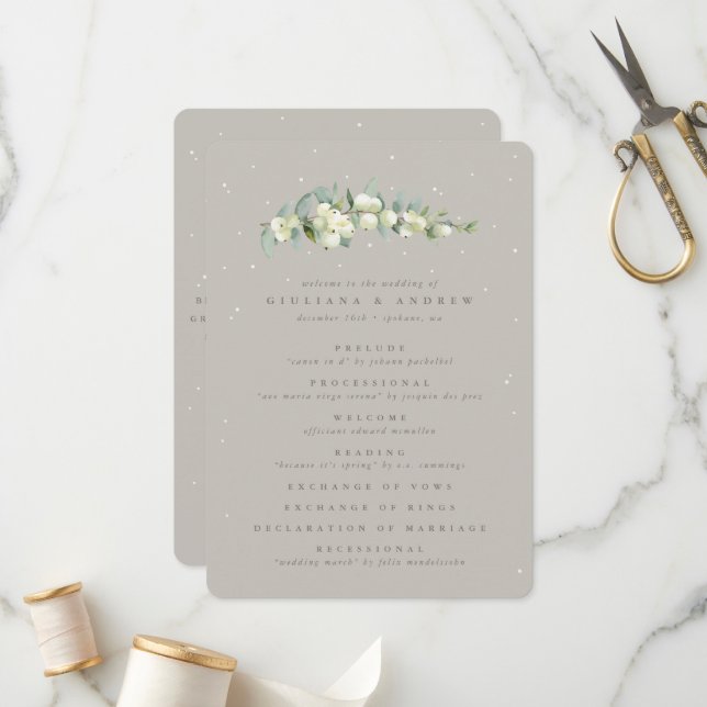 Greige Snowberry+Eucalyptus Stem Winter Wedding Program (Front/Back In Situ)