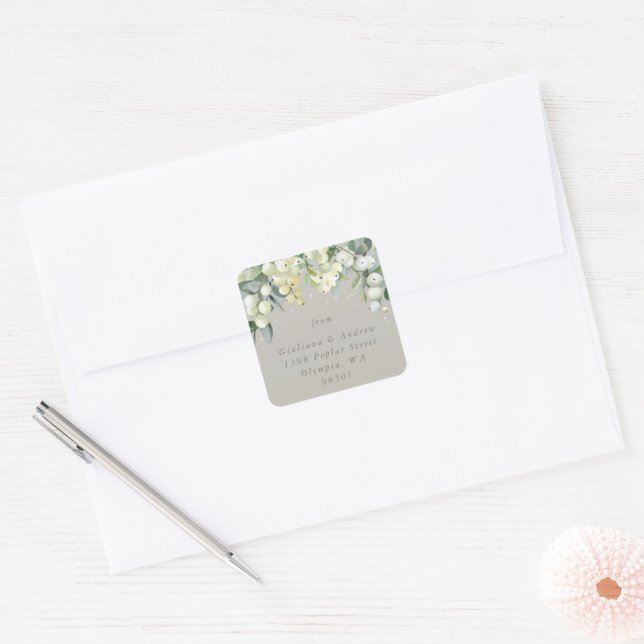 Greige Snowberry+Eucalyptus Wedding Address Square Sticker (Envelope)