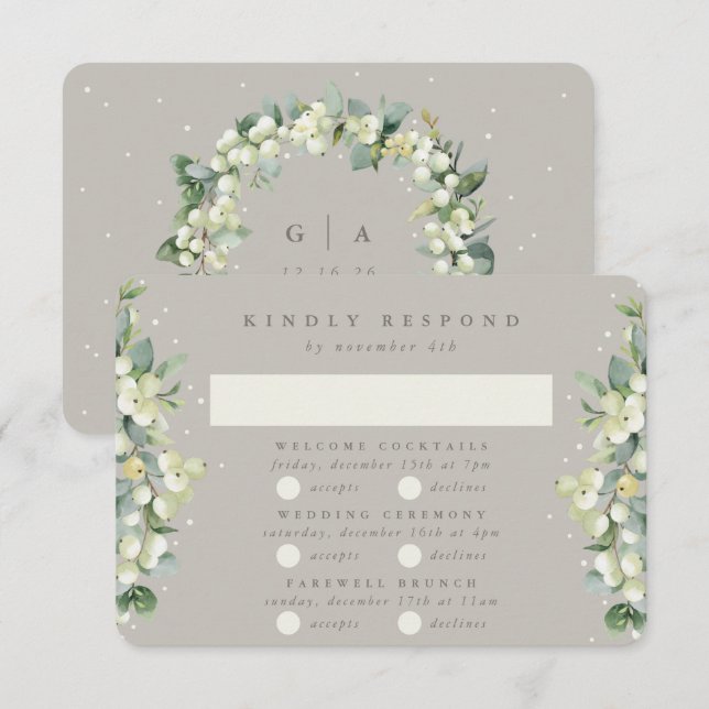 Greige Snowberry+Eucalyptus Wedding Multi-Event RSVP Card (Front/Back)