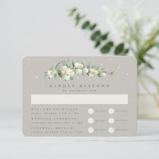 Greige Snowberry+Eucalyptus Wedding Multi-Event RSVP Card (Standing Front)