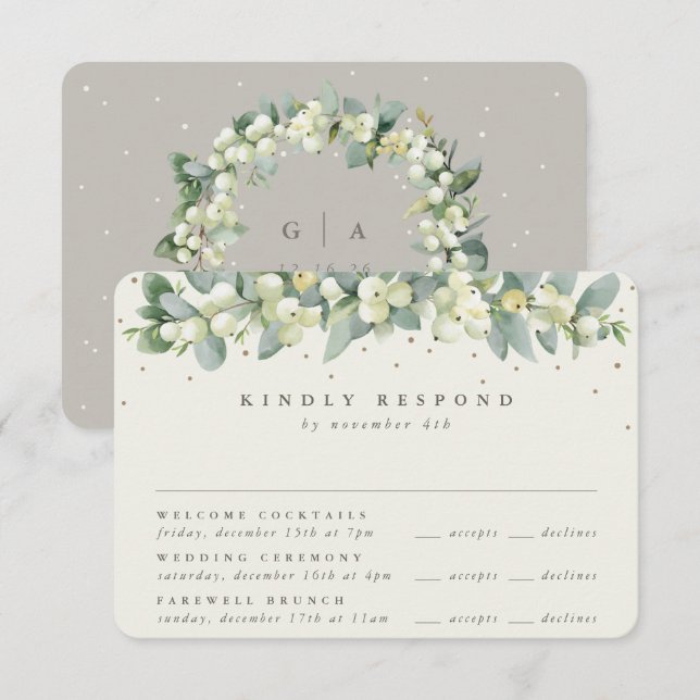 Greige Snowberry+Eucalyptus Wedding Multi-Event RSVP Card (Front/Back)