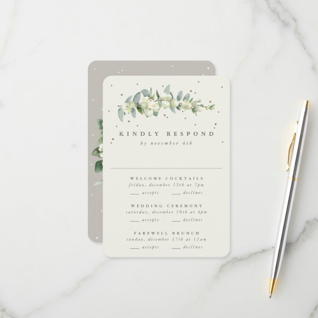 Greige Snowberry+Eucalyptus Wedding Multi-Event RSVP Card (Front/Back In Situ)