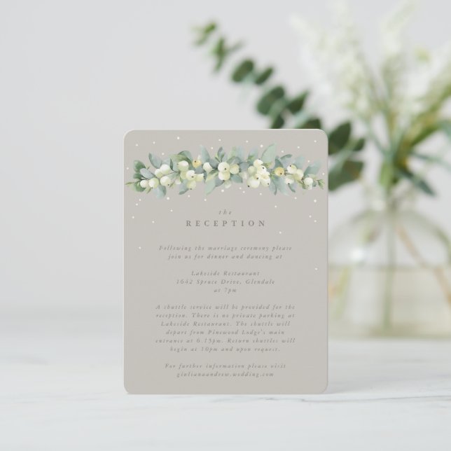 Greige Snowberry+Eucalyptus Wedding Reception Enclosure Card (Standing Front)