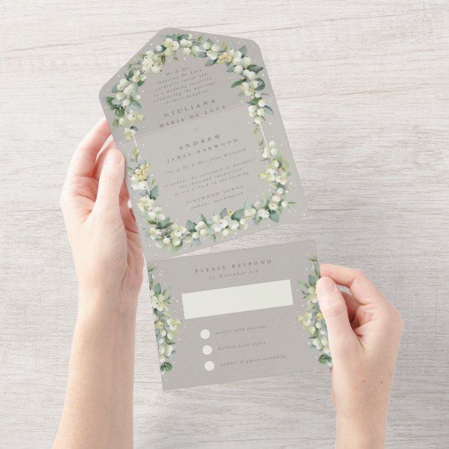 Greige Snowberry+Eucalyptus Wedding Reception Only All In One Invitation (Tearaway)