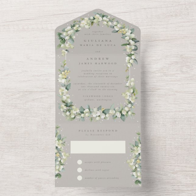 Greige Snowberry+Eucalyptus Wedding Reception Only All In One Invitation (Inside)