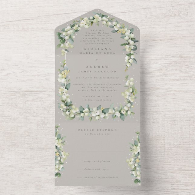 Greige Snowberry+Eucalyptus Wedding Reception Only All In One Invitation (Inside)