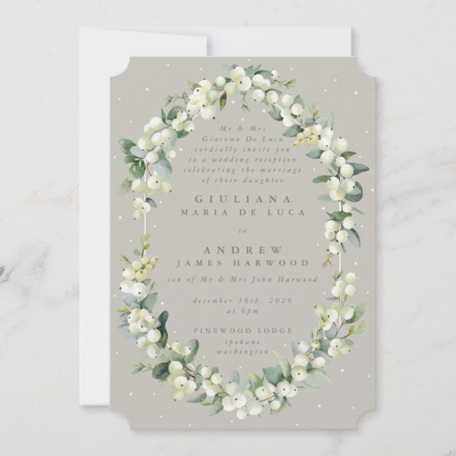 Greige Snowberry+Eucalyptus Wedding Reception Only Invitation (Front)