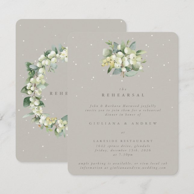 Greige Snowberry+Eucalyptus Wedding Rehearsal Enclosure Card (Front/Back)