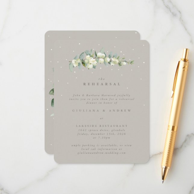 Greige Snowberry+Eucalyptus Wedding Rehearsal Enclosure Card (Front/Back In Situ)