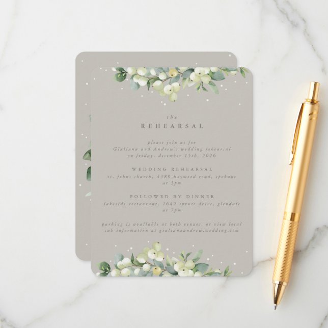 Greige Snowberry+Eucalyptus Wedding Rehearsal Enclosure Card (Front/Back In Situ)