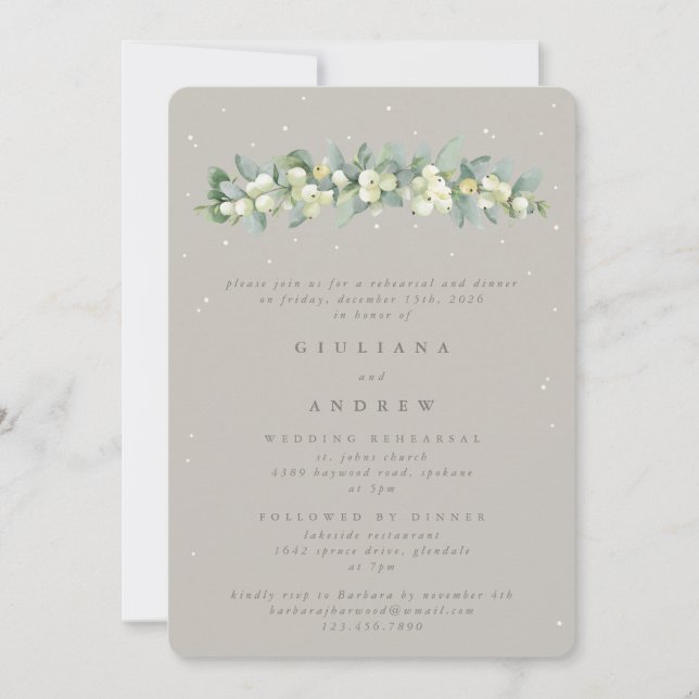 Greige Snowberry+Eucalyptus Wedding Rehearsal Invitation (Front)