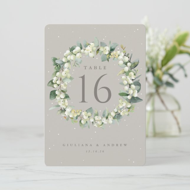 Greige Snowberry+Eucalyptus Wedding Table Number (Standing Front)